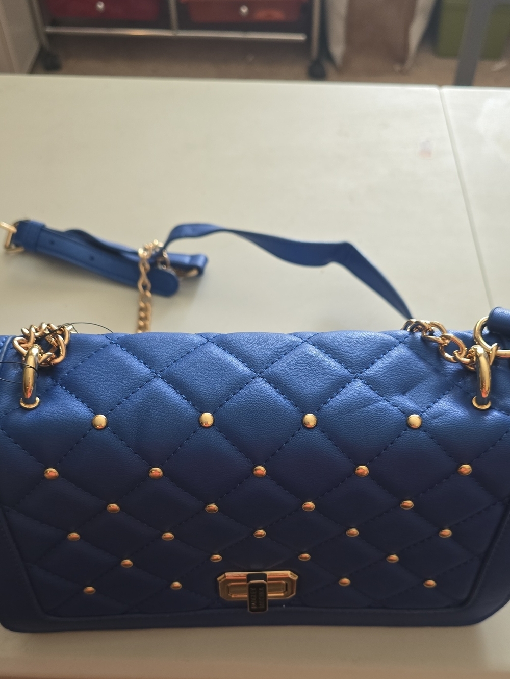 Badgley Mischka Royal Blue Quilted Crossbody with Gold Studs